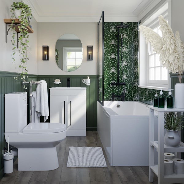 Orchard wide end shower bath matt black details suite 1500 x 750 with vanity unit and close coupled toilet