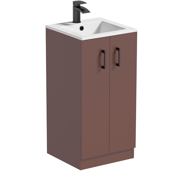 Orchard Lea tuscan red floorstanding vanity unit with black handle 420mm and Derwent square close coupled toilet suite