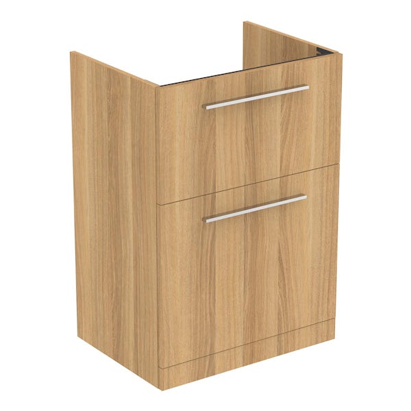 Ideal Standard i.life A natural oak floorstanding vanity unit with 2 drawers and brushed chrome handles 640mm