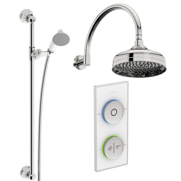 SmarTap white smart shower system with traditional slider rail and wall shower set