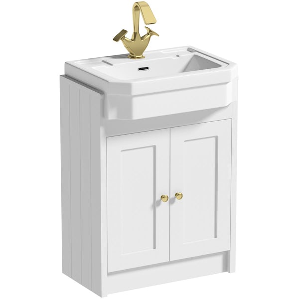 Orchard Dulwich matt white floorstanding vanity unit and Eton semi recessed basin 600mm - brushed brass