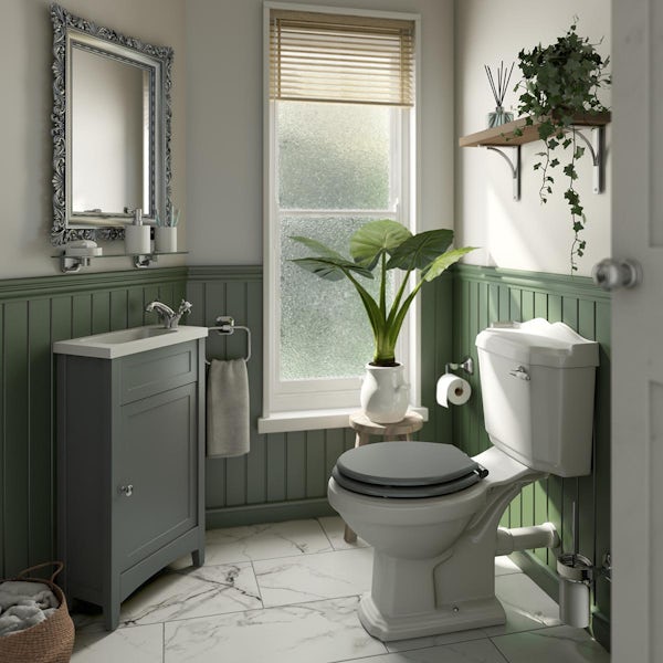 The Bath Co. Camberley satin grey cloakroom suite with traditional close coupled toilet with tap and waste Back to product list Clone product