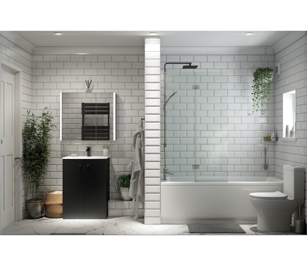 Orchard straight shower bath suite with black vanity unit and toilet 1400 x 700