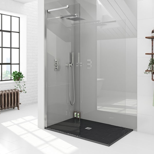 Mode 8mm Walk In Shower Glass Screen With Black Slate Effect Tray 1200 X 800