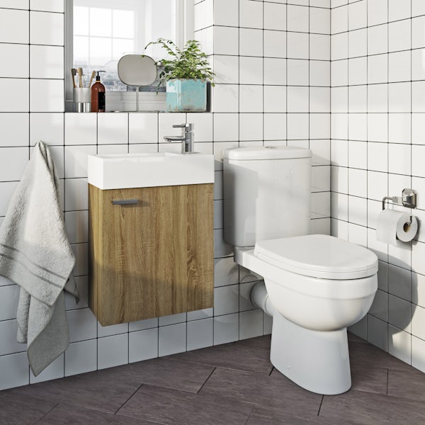 Orchard Compact oak complete cloakroom suite with contemporary close coupled toilet with tap and waste