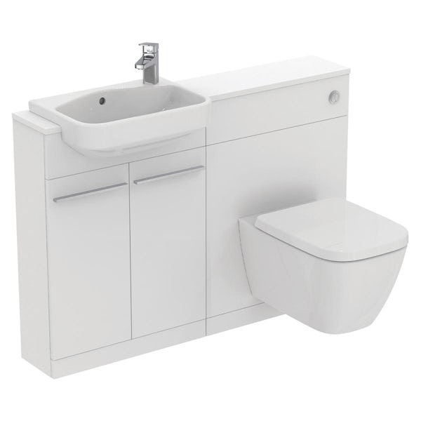 Ideal Standard i.life S matt white combination unit with compact wall hung toilet, concealed cistern and brushed chrome handles 1200mm