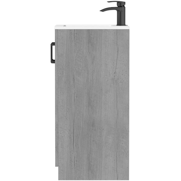 Orchard Lea concrete floorstanding vanity unit with black handle 420mm and Derwent square close coupled toilet suite