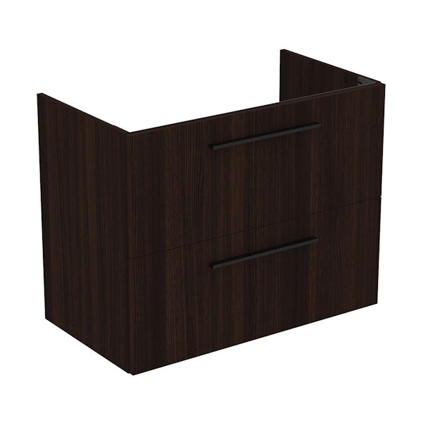 Ideal Standard i.life A coffee oak wall hung vanity unit with 2 drawers and black handles 840mm