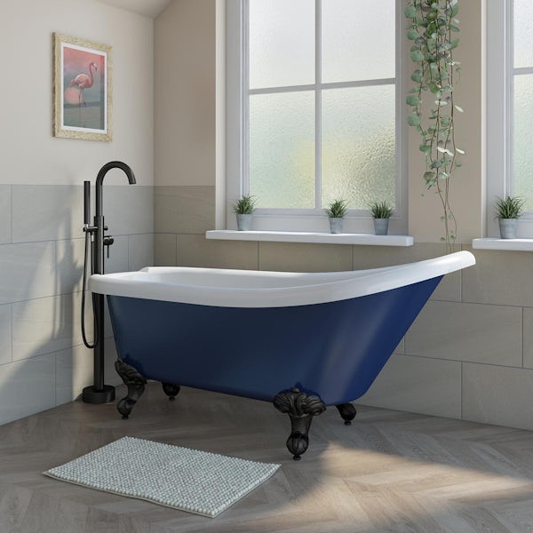 Orchard Dulwich single ended navy slipper bath with matt black ball and claw feet