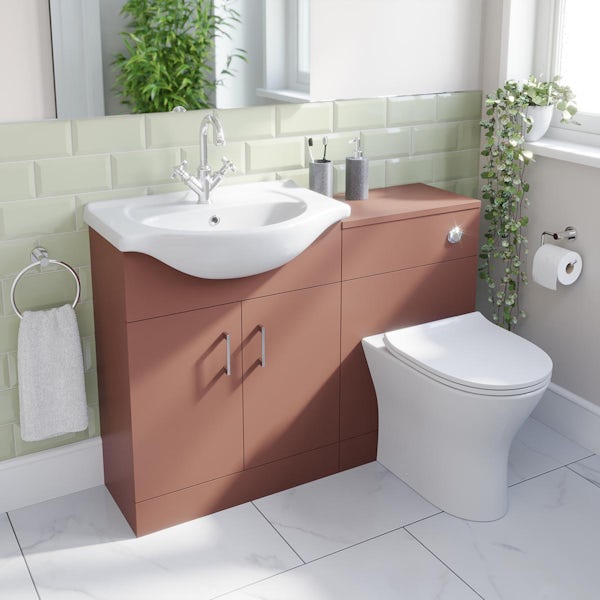 Orchard Lea tuscan red 1155mm combination and Derwent round back to wall toilet with seat