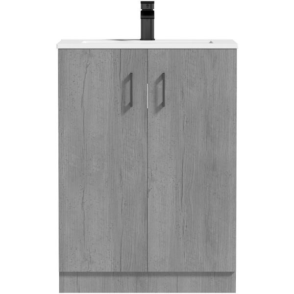 Orchard Lea concrete floorstanding vanity unit with black handle and ceramic basin 600mm