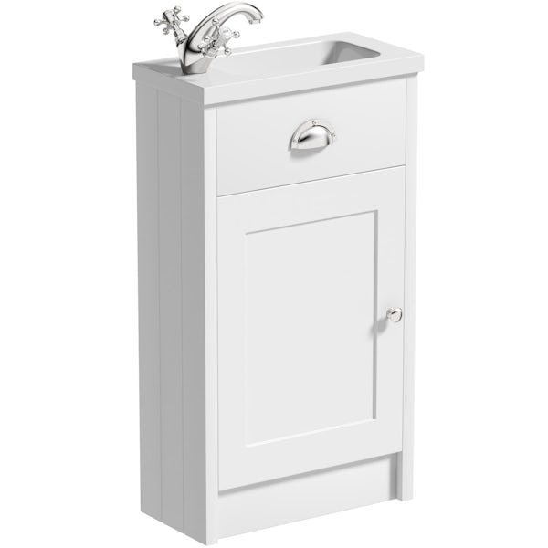 The Bath Co. Dulwich matt white cloakroom combination with traditional toilet and white wooden seat