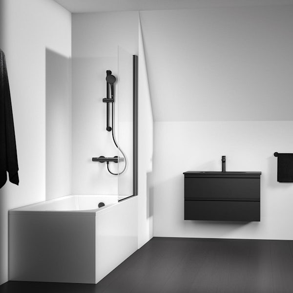 Ideal Standard silk black bathroom suite with straight bath, angle bath screen, mixer shower, vanity unit and basin 800mm with tap