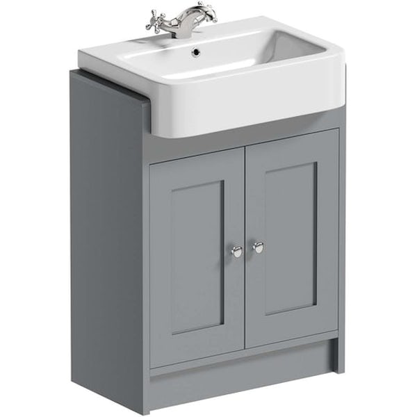The Bath Co. Camberley straight bath suite with grey vanity unit, bath panels and close coupled toilet