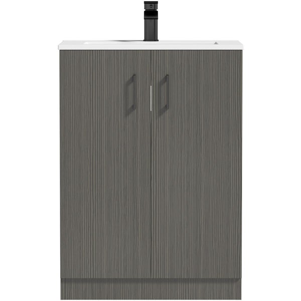 Orchard Lea avola grey floorstanding vanity unit with black handle 600mm and Derwent square close coupled toilet suite