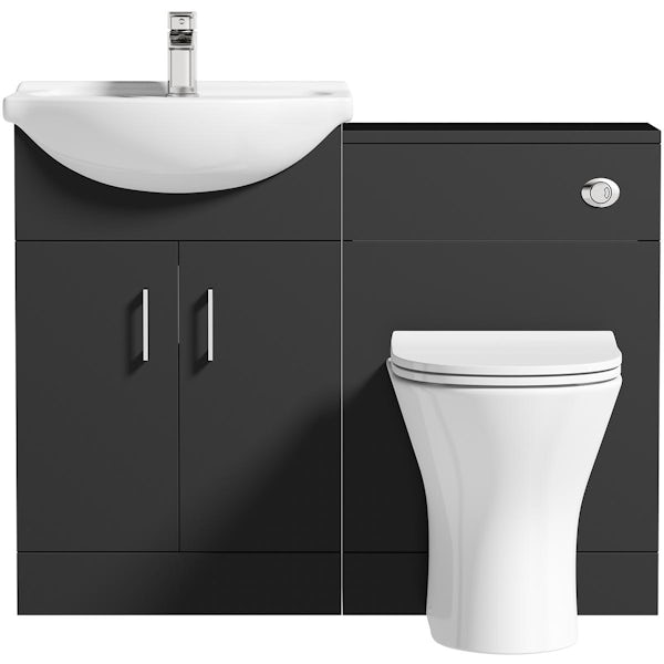Orchard Lea soft black furniture combination and Derwent round back to wall toilet with seat