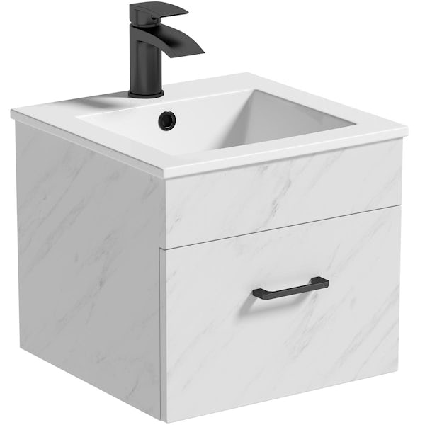 Orchard Lea marble wall hung vanity unit with black handle 420mm and Derwent square close coupled toilet suite