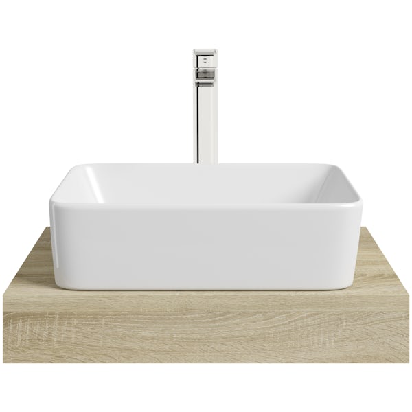 Mode Orion oak countertop shelf with Ellis basin, tap and waste