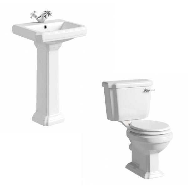 The Bath Co. Dulwich complete cloakroom suite with white seat and full pedestal basin 571mm