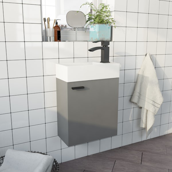 Clarity Compact satin grey wall hung vanity unit and basin 410mm with tap and black handles