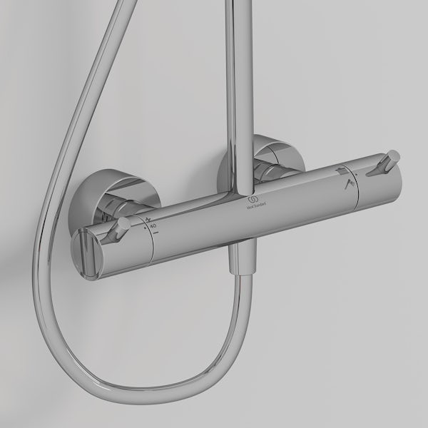 Ideal Standard Ceratherm T125 exposed thermostatic shower system with 300mm round rainshower on swivelling arm, handspray and 1.75m hose