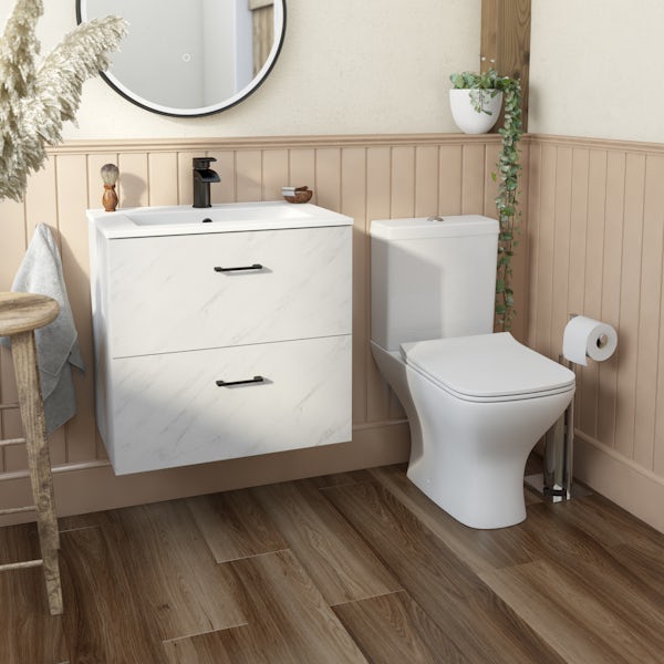 Orchard Lea marble wall hung vanity unit with black handle 600mm and Derwent square close coupled toilet suite