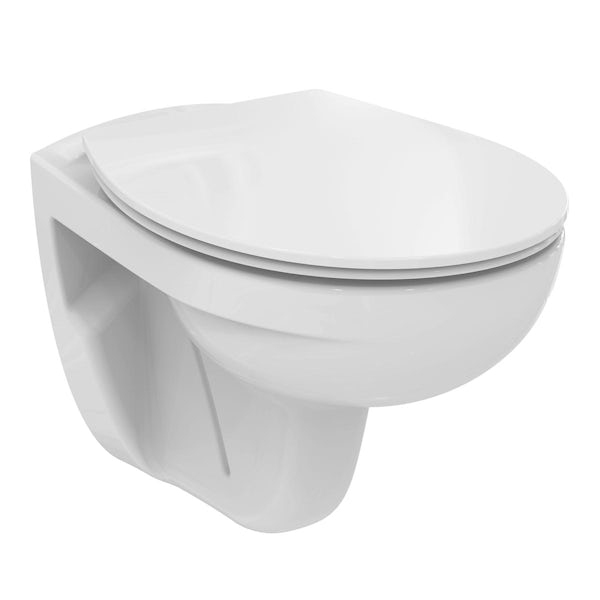 Armitage Shanks Sandringham 21 wall hung toilet and seat with Conceala 2 side inlet pneumatic cistern and chrome flush plate