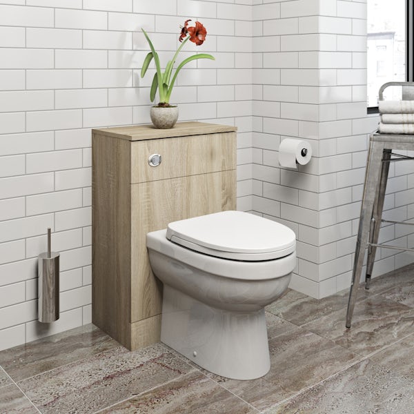 Orchard Wye oak back to wall unit with Eden toilet and seat
