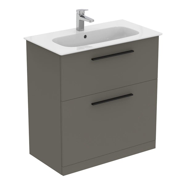 Ideal Standard i.life A quartz grey matt floorstanding vanity unit with 2 drawers and black handles 840mm