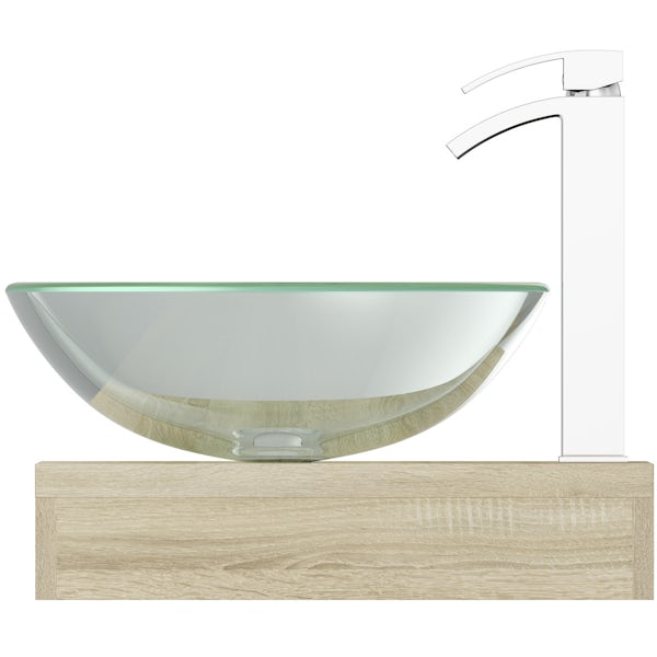 Mode Orion oak countertop shelf with Mackintosh basin, tap and waste