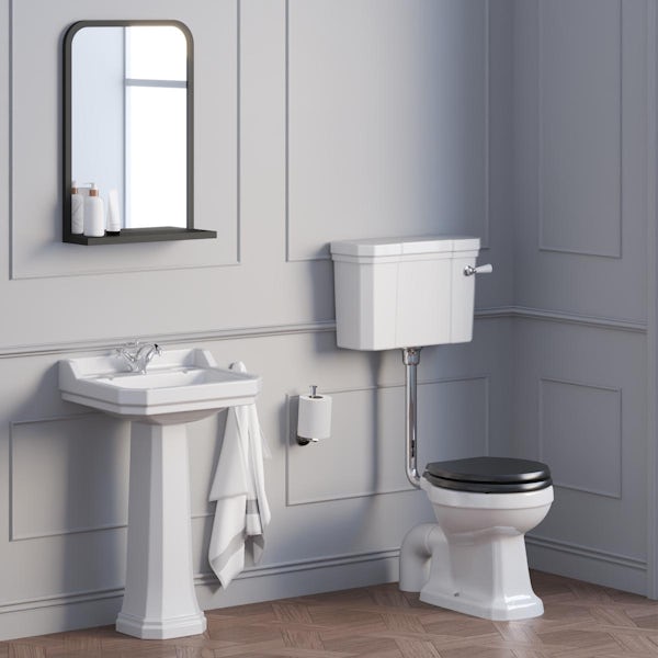 Ideal Standard Waverley low level toilet with black seat and 1 tap hole full pedestal basin