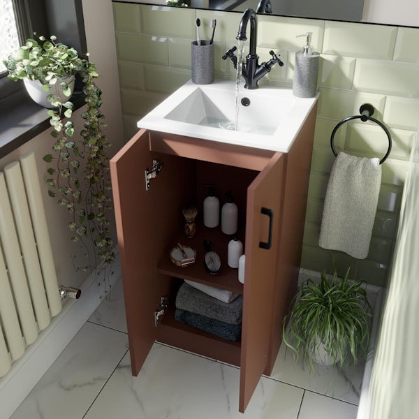 Orchard Lea tuscan red floorstanding vanity unit with black handle and ceramic basin 420mm