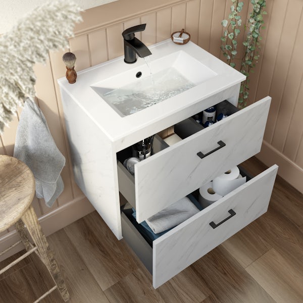 Orchard Lea marble wall hung vanity unit with black handle and ceramic basin 600mm