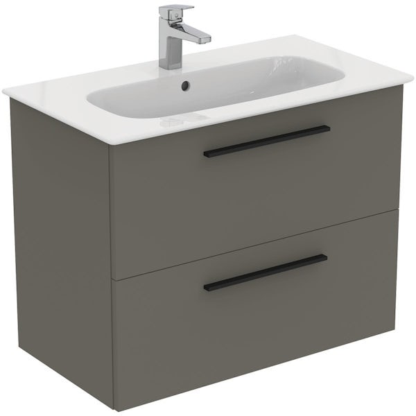 Ideal Standard i.life A quartz grey matt wall hung vanity unit with 2 drawers and black handles 840mm