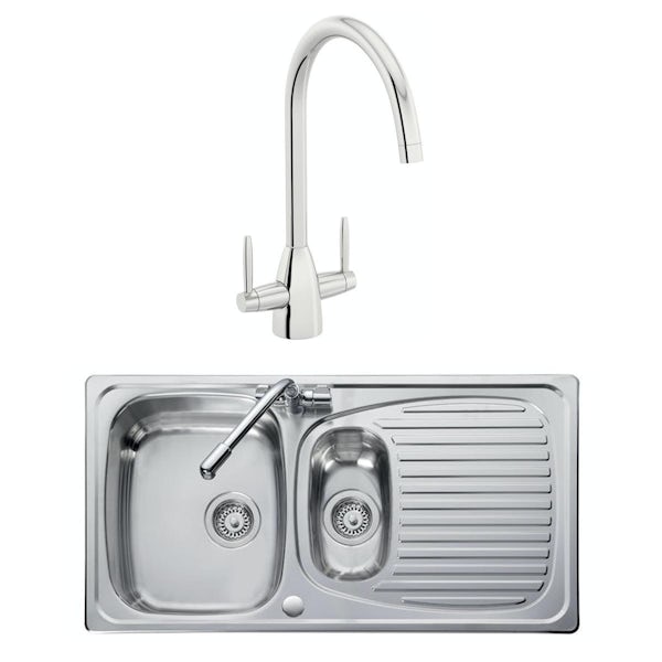 Leisure Euroline reversible stainless steel 1.5 bowl kitchen sink and Schon dual lever kitchen tap