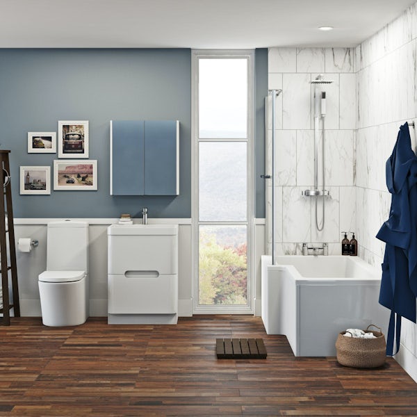 Mode Tate left hand shower bath 1700 x 850 suite with Ellis white floor drawer unit