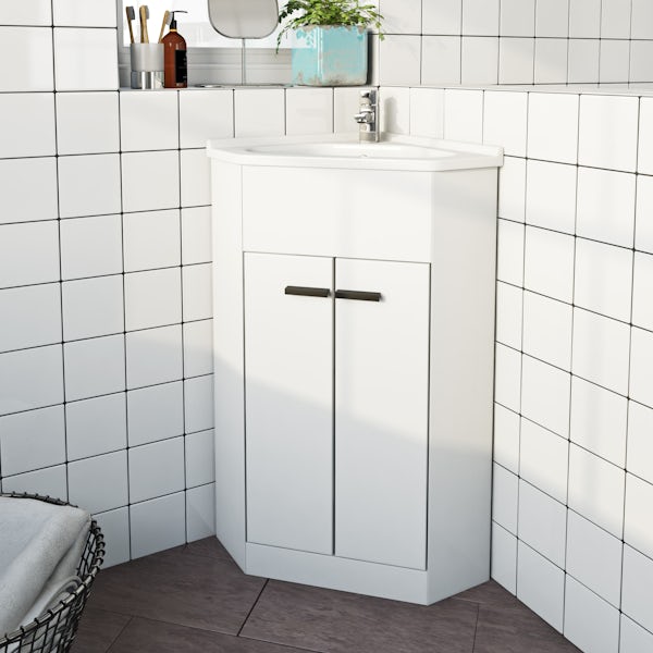 Clarity satin grey floorstanding vanity unit with black handle and ceramic basin 510mm
