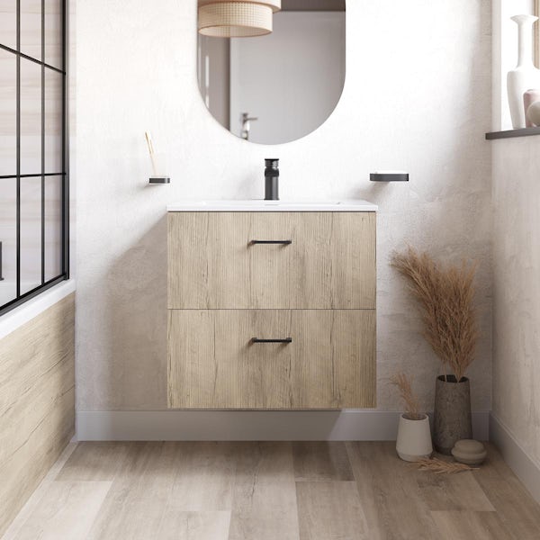 Orchard Lea oak wall hung vanity unit with black handle 600mm and Derwent square close coupled toilet suite