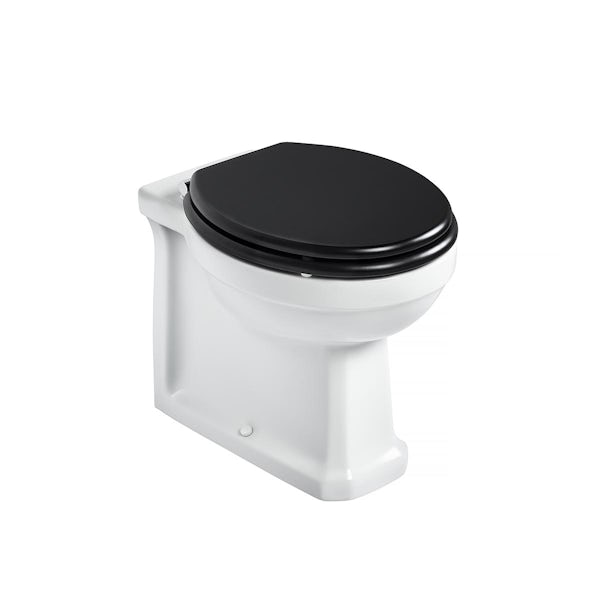 Ideal Standard Waverley back to wall toilet with black seat, Prosys mechanical cistern and Oleas M1 chrome flush plate