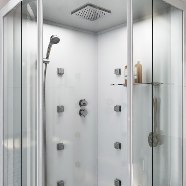 Mode quadrant white glass backed hydro massage shower cabin with wood effect floor and seat 900 x 900