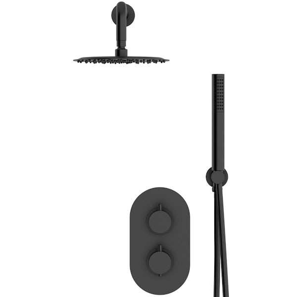 Orchard matt black round wall shower, handset and thermostatic twin valve set