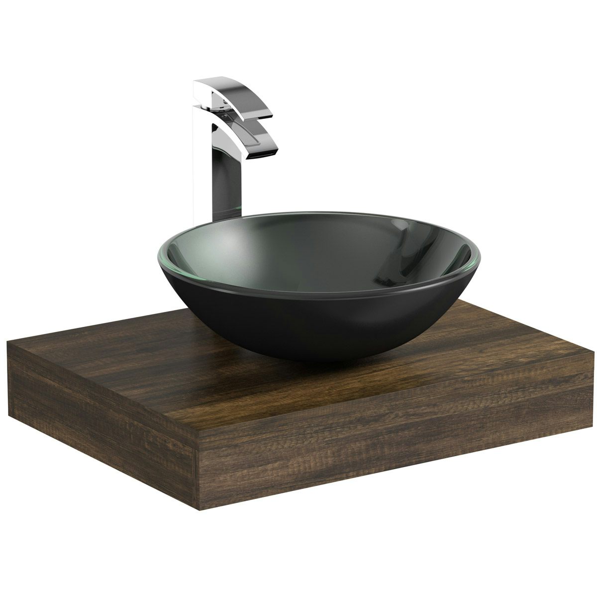 The Bath Co. Dalston countertop shelf 600mm with Mackintosh black glass countertop basin, tap and waste
