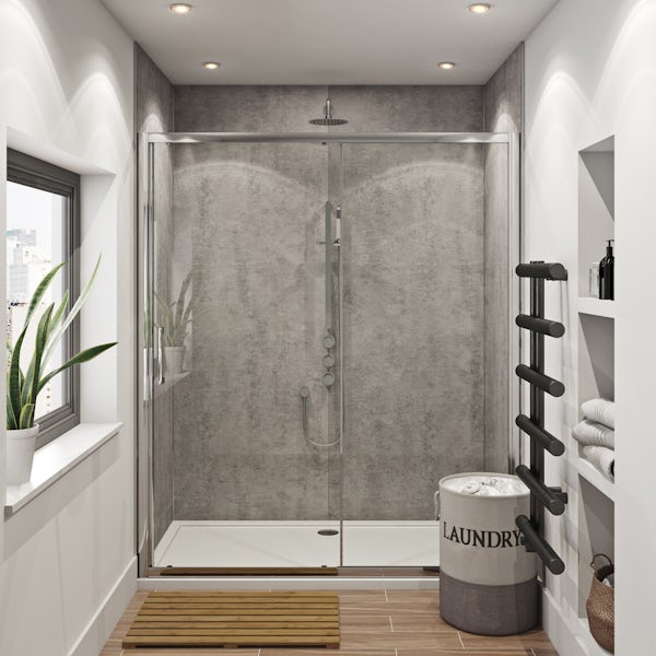Mode Hardy shower door pack 1700 x 700 with Multipanel Linda Barker Concrete Elements panels
