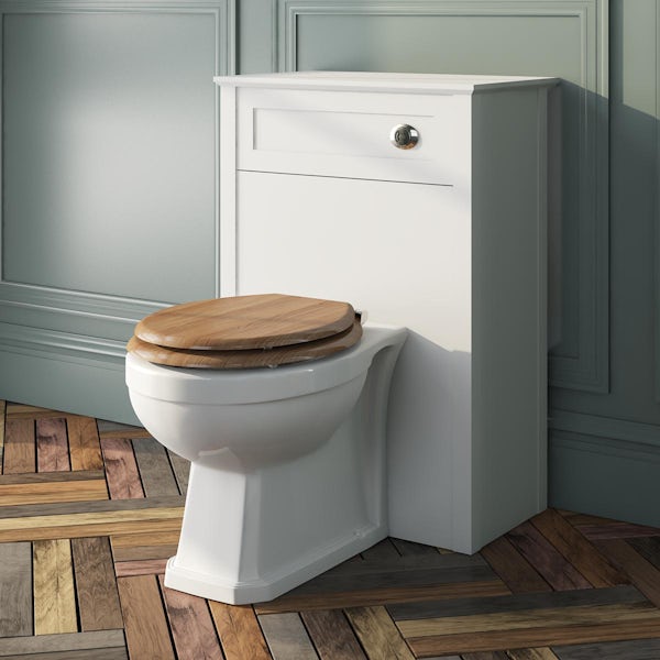 The Bath Co. Camberley back to wall toilet with oak effect soft close seat, concealed cistern and push plate