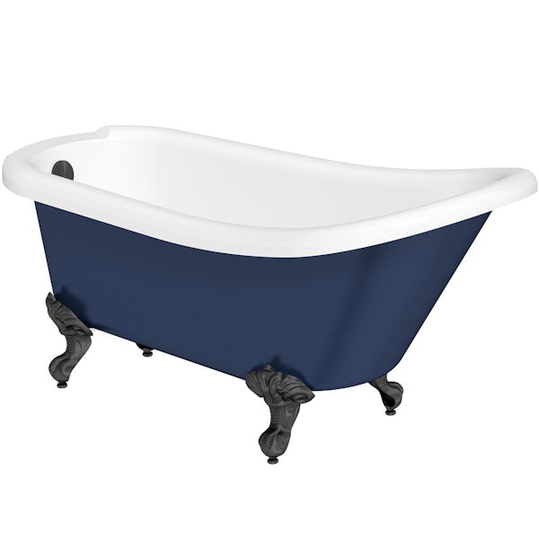 Orchard Dulwich single ended navy slipper bath with matt black ball and claw feet