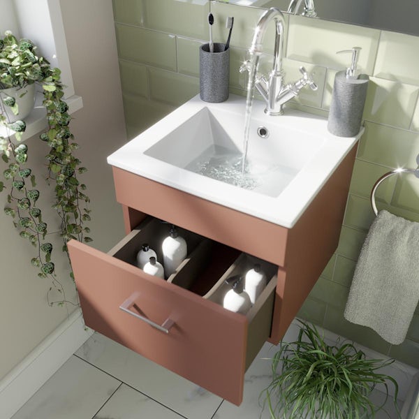 Orchard Lea tuscan red wall hung vanity unit 420mm and Derwent square close coupled toilet suite