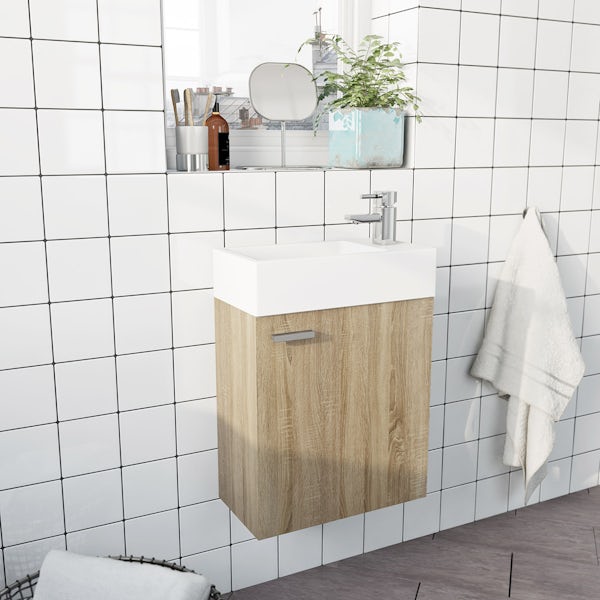 Clarity Compact oak wall hung vanity unit and basin 410mm with tap