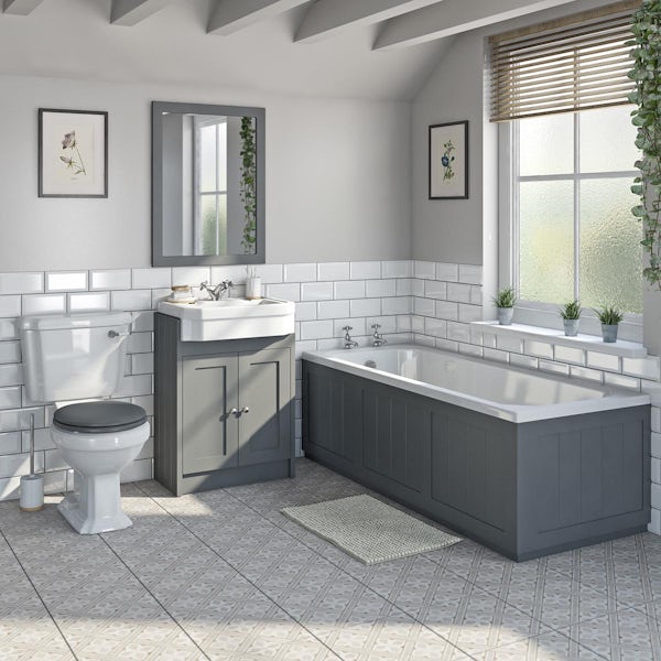 Orchard Dulwich stone grey furniture and Eton basin suite with straight bath 1700 x 700mm