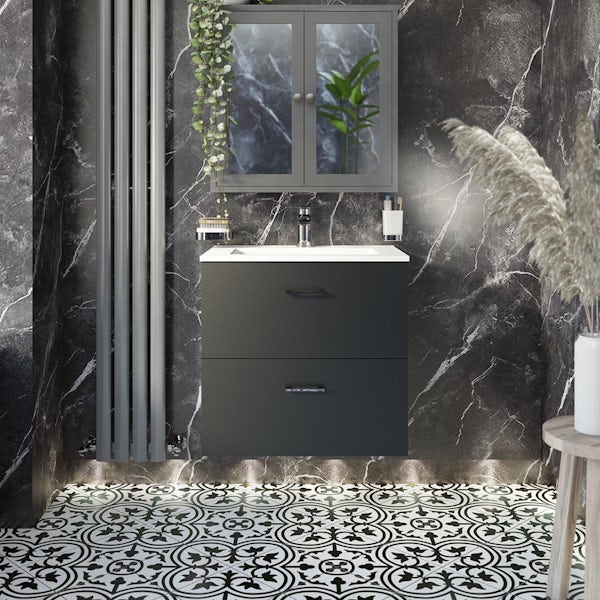 Orchard Lea soft black wall hung vanity unit 600mm and Derwent square close coupled toilet suite