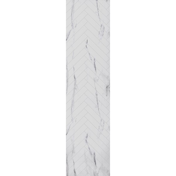 Showerwall white marble herringbone tile effect 2400 x 600